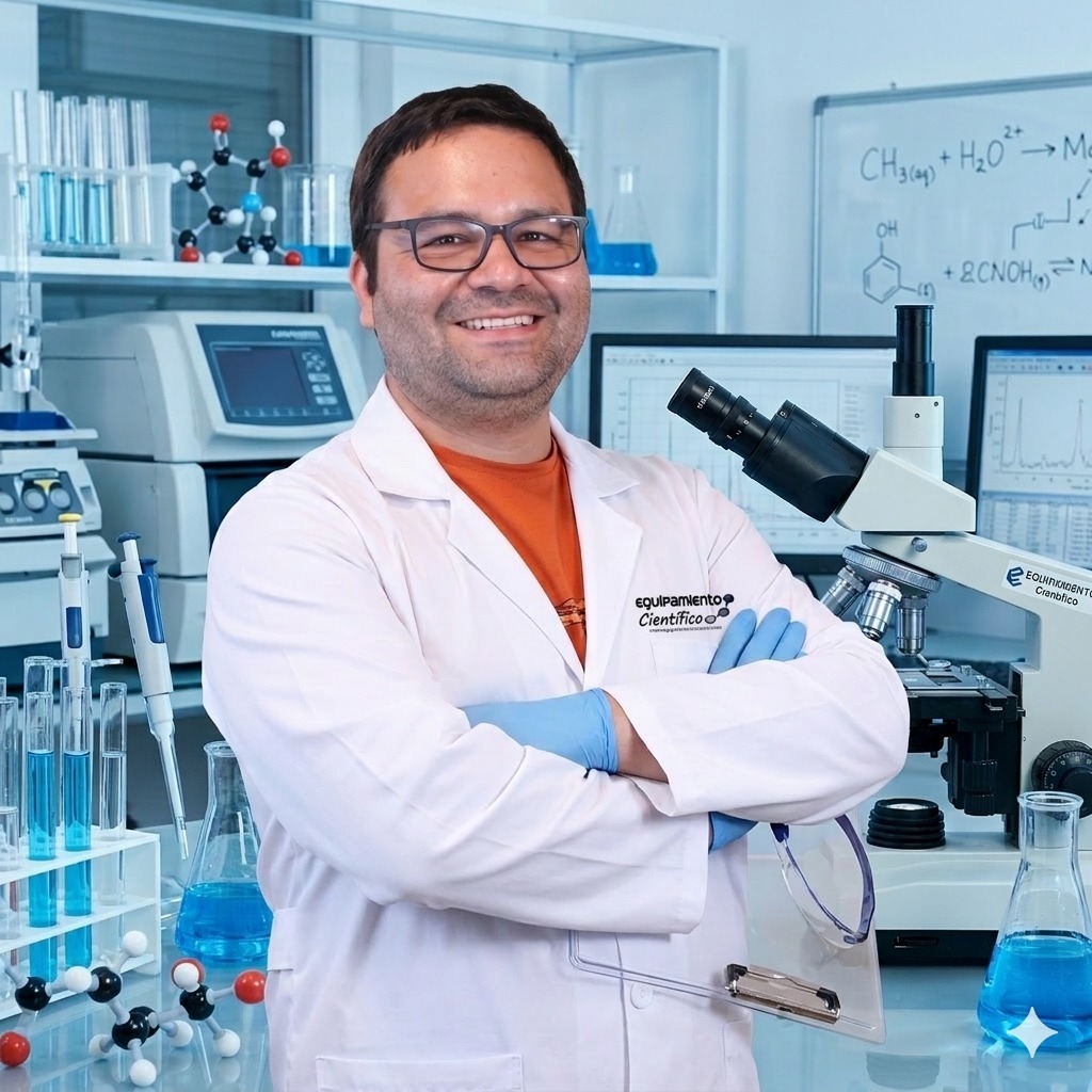 Especialista tecnico junto a microscopio de laboratorio