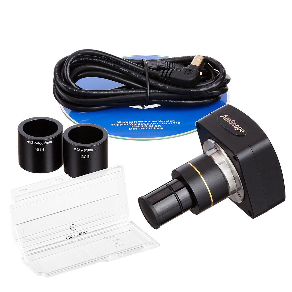 Cámara de microscopio de montaje en C de color CMOS de 5MP USB 2.0 de alta velocidad con lente de reducción y lámina de calibración Amscope MU500-HS-CK