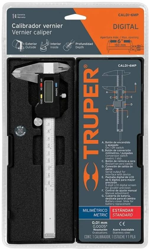 Calibrador Vernier digital de acero (CALIPER) 0-6" Truper CALDI-6MP