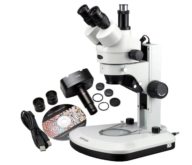 Microscopio estéreo de seguimiento 3.5X-90X con luces LED + cámara de 10MP Amscope SM-1TZ-RL-10MA