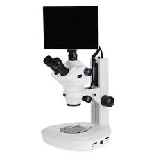 Microscopio estéreo trinocular de doble iluminación 8X-150X con soporte de pista y sistema de imágenes con pantalla táctil de 9,7" Amscope SF-2TRAYY-TP