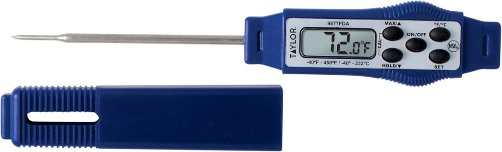 Termómetro digital para alimentos compacto e impermeable Taylor 9877FDA, longitud de vástago de 2,81 pulgadas con diámetro de sonda de 1,5 mm recomendado por la FDA, NSF, azul
