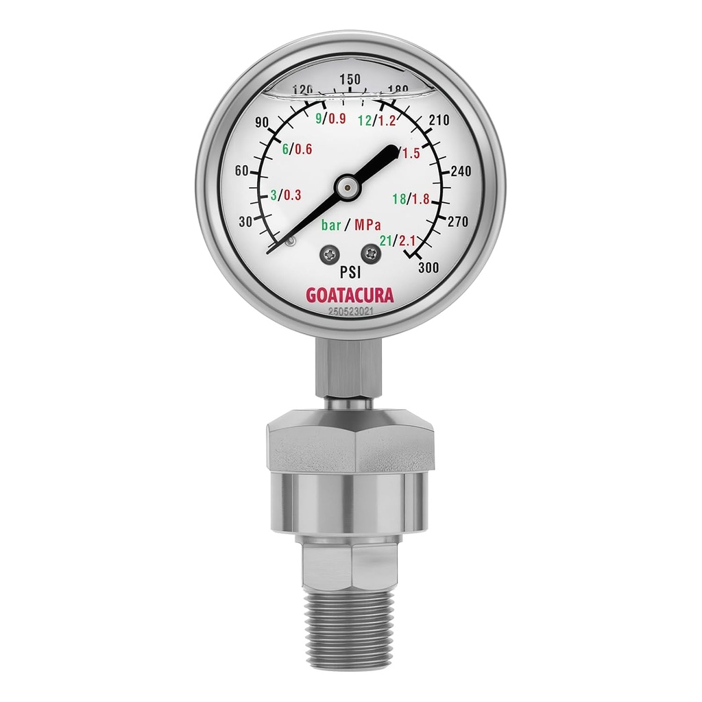 Manómetro de diafragma de 0 a 300 psi/bar/MPa, esfera de 2,5", montaje inferior NPT de 1/2", precisión del 1,6%, para equipos de pulverización