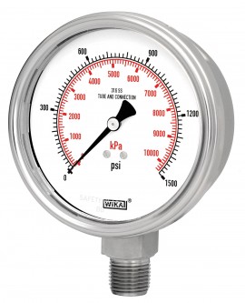 Manómetro 0/60 psi/kpa, esfera de 4&quot;, montaje inferior NPT de ½&quot;, carcasa de acero inoxidable 233.54 WIKA 7297593