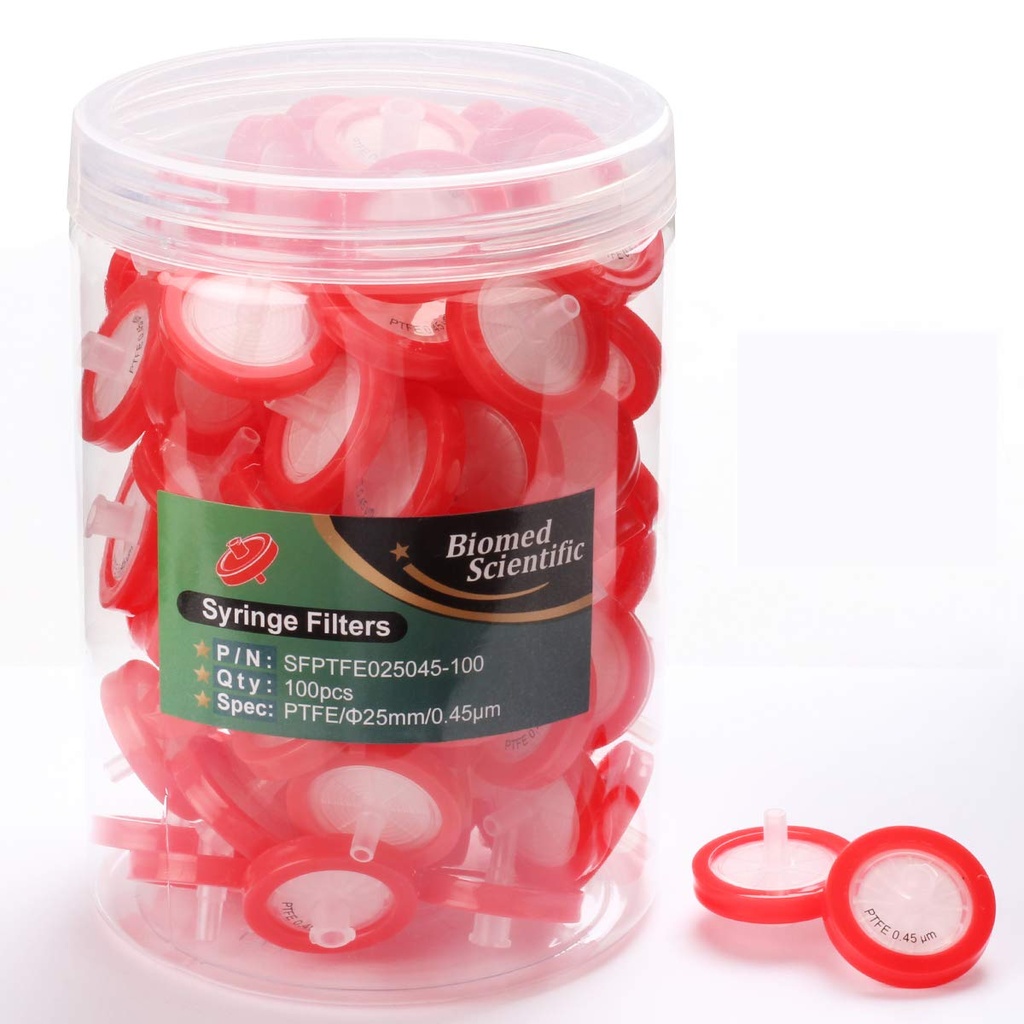 Filtro de jeringa con membrana de PTFE, 25 mm de diámetro, tamaño de poro de 0.22 µm, no estéril, paquete de 100 unidades