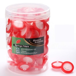 Filtro de jeringa con membrana de PTFE, 25 mm de diámetro, tamaño de poro de 0.45 µm, no estéril, paquete de 100 unidades
